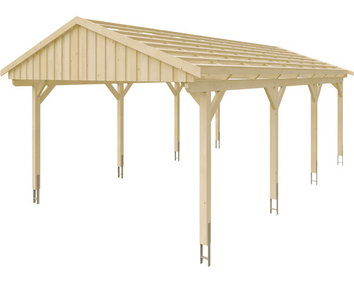 Abri de voiture en bois avec toit à deux pentes et supports en acier
