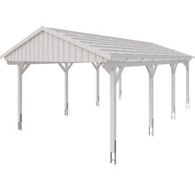 Carport en bois blanc avec toit à deux pentes et ancrages en acier pour la fixation au sol.