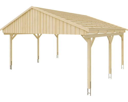 Carport en bois avec toit à deux pentes et six poteaux