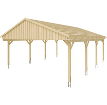 Carport en bois avec toit à deux pentes et plusieurs supports