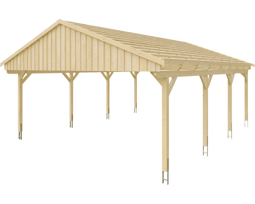 Carport en bois avec toit à deux pentes et plusieurs supports