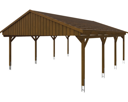 Carport en bois avec toit à deux pentes et plusieurs piliers de soutien.
