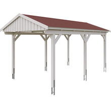 Carport simple SKAN Holz Fichtelberg avec bardeaux rouge 317 x 566 cm blanc