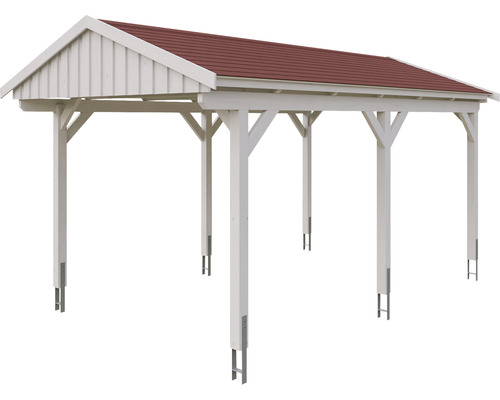 Holzcarport mit rotem Dach