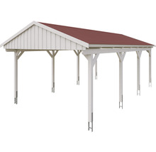 Weißer Holzcarport mit rotem Dach