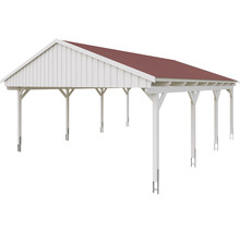 Weißer Holzcarport mit rotem Dach