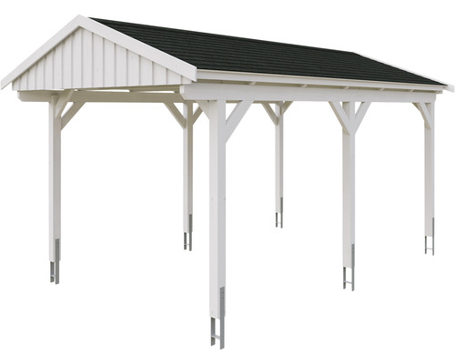 Carport en bois avec toit à deux pentes et piliers de soutien