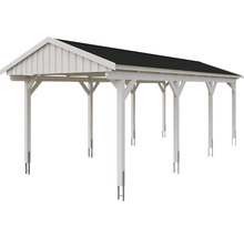 Weißer Holzcarport mit dunklem Dach