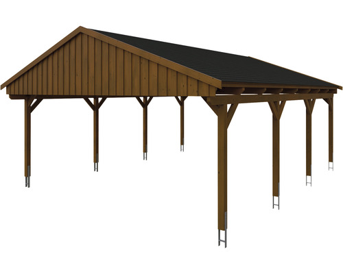 Carport en bois avec toit à deux pans pour abriter des véhicules