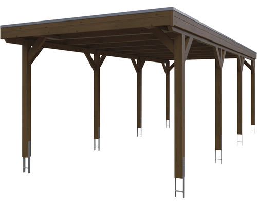 Carport en bois avec toit plat et pieds de poteaux en acier