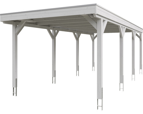 Carport en bois blanc avec piliers de support