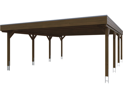 Carport en bois avec plusieurs poteaux et toit plat