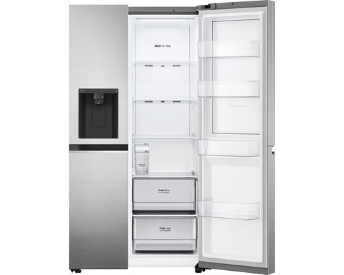 Réfrigérateur combiné américain ouvert avec compartiments et distributeur d''eau