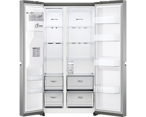 Geöffneter Side-by-Side Kühlschrank mit Regalen und Schubladen