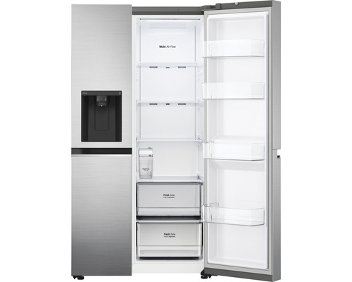 Geöffneter Side-by-Side Kühlschrank mit Wasserspender und mehreren Regalen