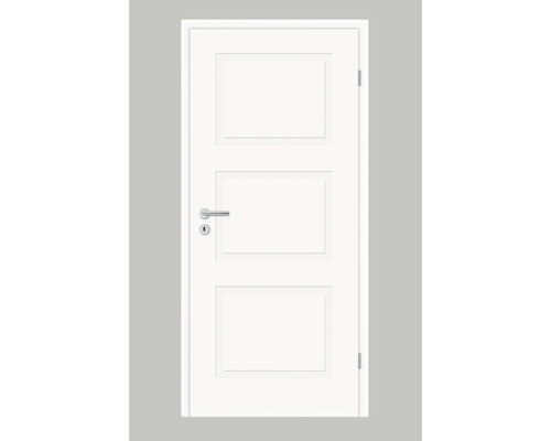 Weiße Innentür mit drei rechteckigen Füllungen und Türgriff