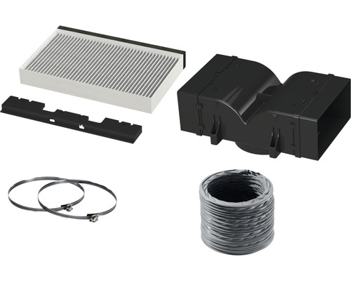 Filter, schwarze Halterung, schwarzer Winkel, zwei Rohrschellen und flexibler Schlauch