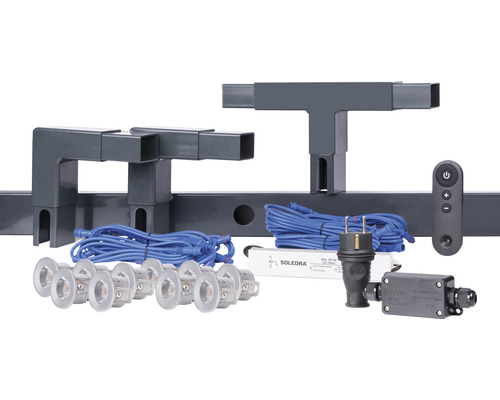 Komponenten für ein Beleuchtungssystem mit LED-Leuchten, Transformator, Verbindungskabeln und Fernbedienung