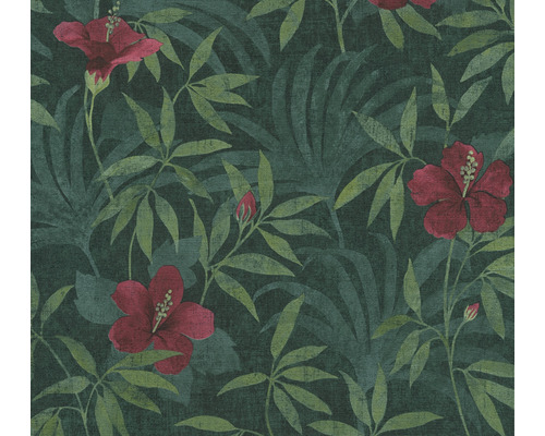 Papier peint intissé 38028-1 Cuba Floral vert rouge Papier peint avec fleurs d''hibiscus et feuilles