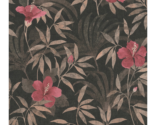 Papier peint intissé 38028-3 Cuba Floral marron rouge Papier peint à motif floral, feuilles et fleurs d''hibiscus