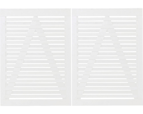 Deux volets blancs avec des lamelles horizontales et une forme de X décorative