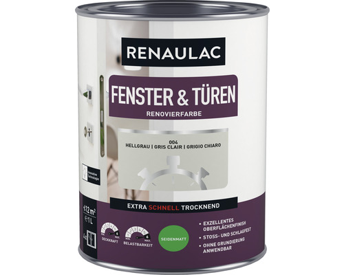 Laque pour porte et fenêtre RENAULAC mat satiné gris clair 1 l Renaulac peinture de rénovation fenêtres et portes gris clair dans une boîte de peinture