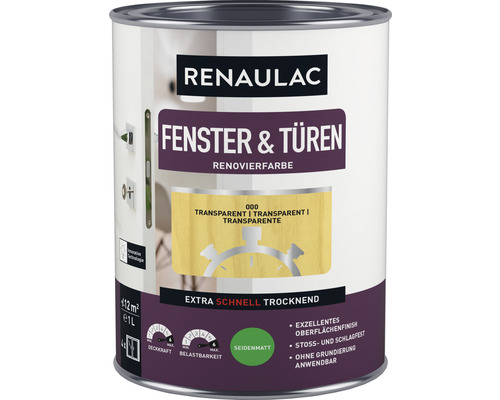 Laque pour porte et fenêtre RENAULAC mat satiné transparent 1 l Peinture pour fenêtres et portes Renaulac, transparent, finition satinée, boîte d''un litre