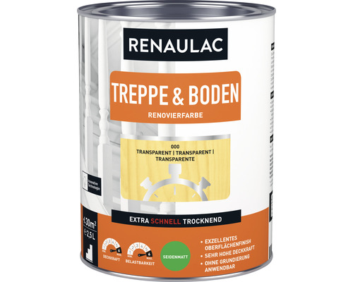 Laque pour porte et fenêtre RENAULAC mat satiné transparent 2,5 l Renaulac peinture de rénovation escaliers et sols, transparente, pot de 2,5 litres
