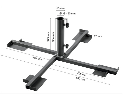 Support de parasol avec des dimensions de 890 mm de longueur, 405 mm de largeur et 329 mm de hauteur