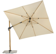 Quadratischer Sonnenschirm mit Holzrahmen und hellem Stoffbezug