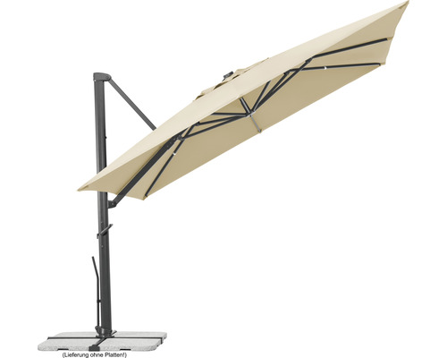 Beigefarbener Ampelschirm für den Garten mit Metallgestell und Standfuß