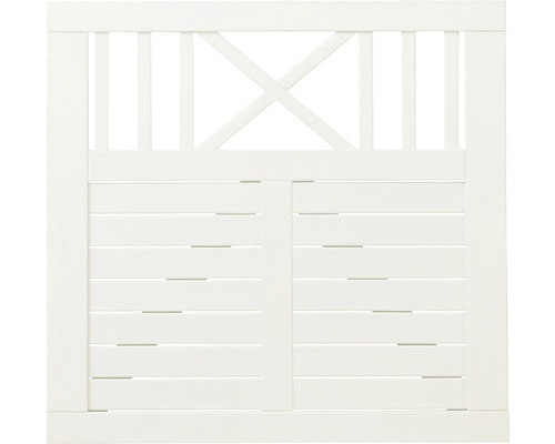 Weisse Holztorfront mit X-förmigem Design