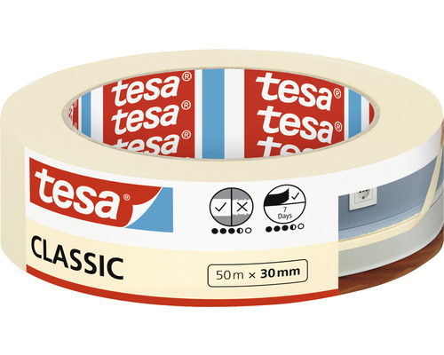 Ruban de masquage pour peinture tesa Classic beige 30 mm x 50 m Ruban de masquage Tesa Classic, 50 mètres x 30 millimètres