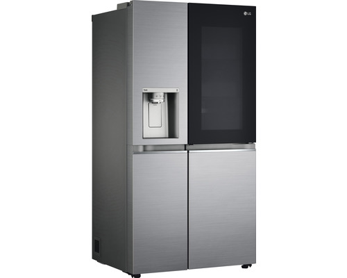 Réfrigérateur combiné côte à côte en pose libre avec machine à glaçons et porte en verre