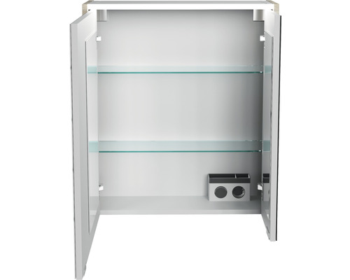 Armoire de toilette ouverte avec étagères en verre