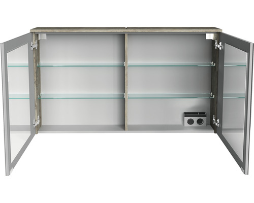 Armoire de toilette ouverte avec deux portes en verre et étagères en verre