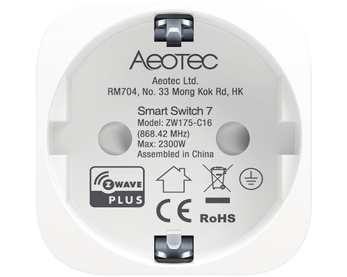 Aeotec Smart Switch 7 Rückseite mit technischen Daten und Zertifizierungen