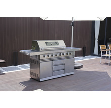 Barbecue à gaz cuisine d'extérieur Buschbeck Bristol 6 brûleurs+brûleur latéral+brûleur arrière acier inoxydable y compris tablette, thermomètre sur le couvercle, bouton rotatif à éclairage LED, lèchefrite, grille de barbecue en fonte, tablette latérale-thumb-2