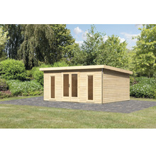 Abri de jardin en bois avec double porte et fenêtres dans le jardin