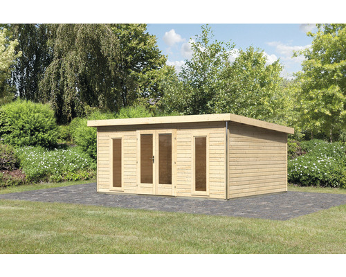 Abri de jardin en bois avec double porte et fenêtres dans le jardin