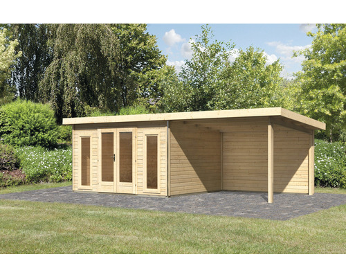 Abri de jardin en bois avec toit plat et carport sur pelouse