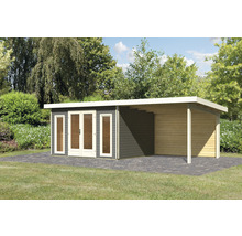 Gartenhaus Karibu Badeburg 2 inkl. Anbaudach 3,3 m und Rückwand 724 x 331,5 cm terragrau