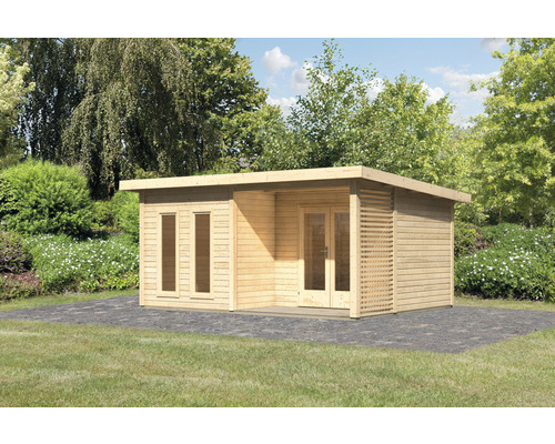 Maison de jardin en bois avec toit plat, fenêtres et porte double dans le jardin