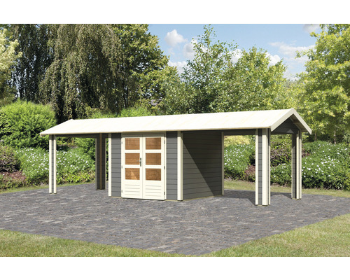 Abri de jardin Karibu Theresa 3 avec 2 éléments d'extension du toit 767 x 288 cm gris terra