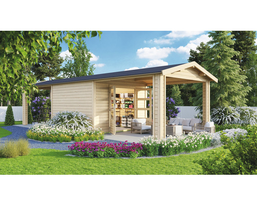 Abri de jardin Karibu Theresa 7 avec 2 éléments d'extension du toit 947 x 348 cm naturel