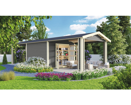 Abri de jardin Karibu Theresa 7 avec 2 éléments d'extension du toit 947 x 348 cm gris terra Abri de jardin Karibu Theresa 7 avec 2 éléments d'extension du toit 947 x 348 cm gris terra