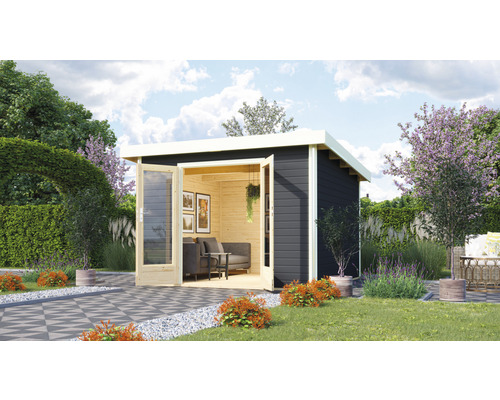 Gartenhaus Karibu Badeburg 1 346 x 331,5 cm terragrau Gartenhaus mit geöffneten Doppeltüren, eingerichtet mit Sofa und Tisch