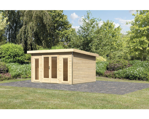 Abri de jardin Karibu Badeburg 2 406 x 331,5 cm naturel Abri de jardin moderne en bois avec toit plat et double porte devant les arbres