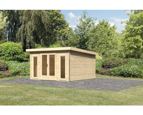 Abri de jardin Karibu Badeburg 3 406 x 393 cm naturel Abri de jardin en bois avec double porte et façade vitrée dans le jardin.