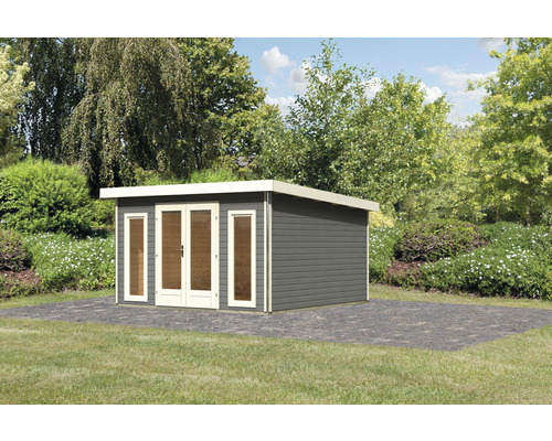 Abri de jardin Karibu Badeburg 3 406 x 393 cm gris terre cuite Abri de jardin avec porte double et fenêtres latérales dans le jardin